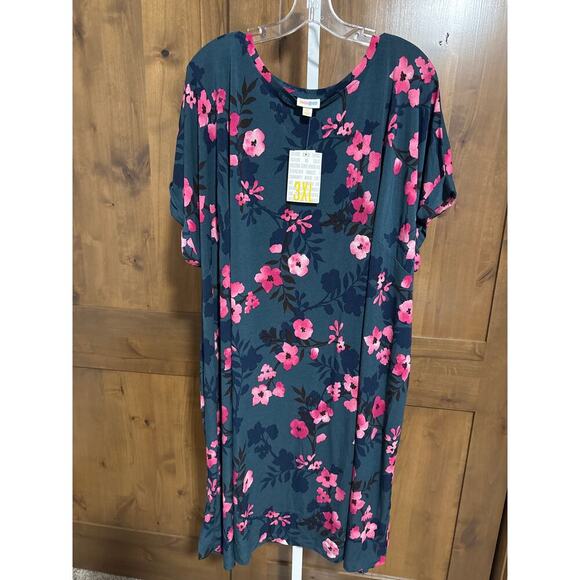Lularoe Chelsea T-Shirt Dress Knee Length, Rolled Sleeve, Green Floral, 3x NWT - Picture 2 of 3